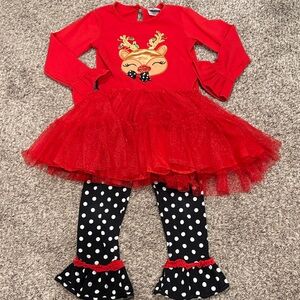 Festive Red Reindeer Kids Top with Polka Dot Leggings
